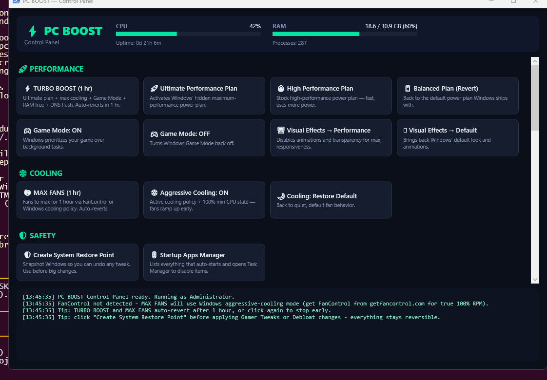 PCBoost window capture with activity log, Turbo Boost, Max Fans, and Safety restore tools